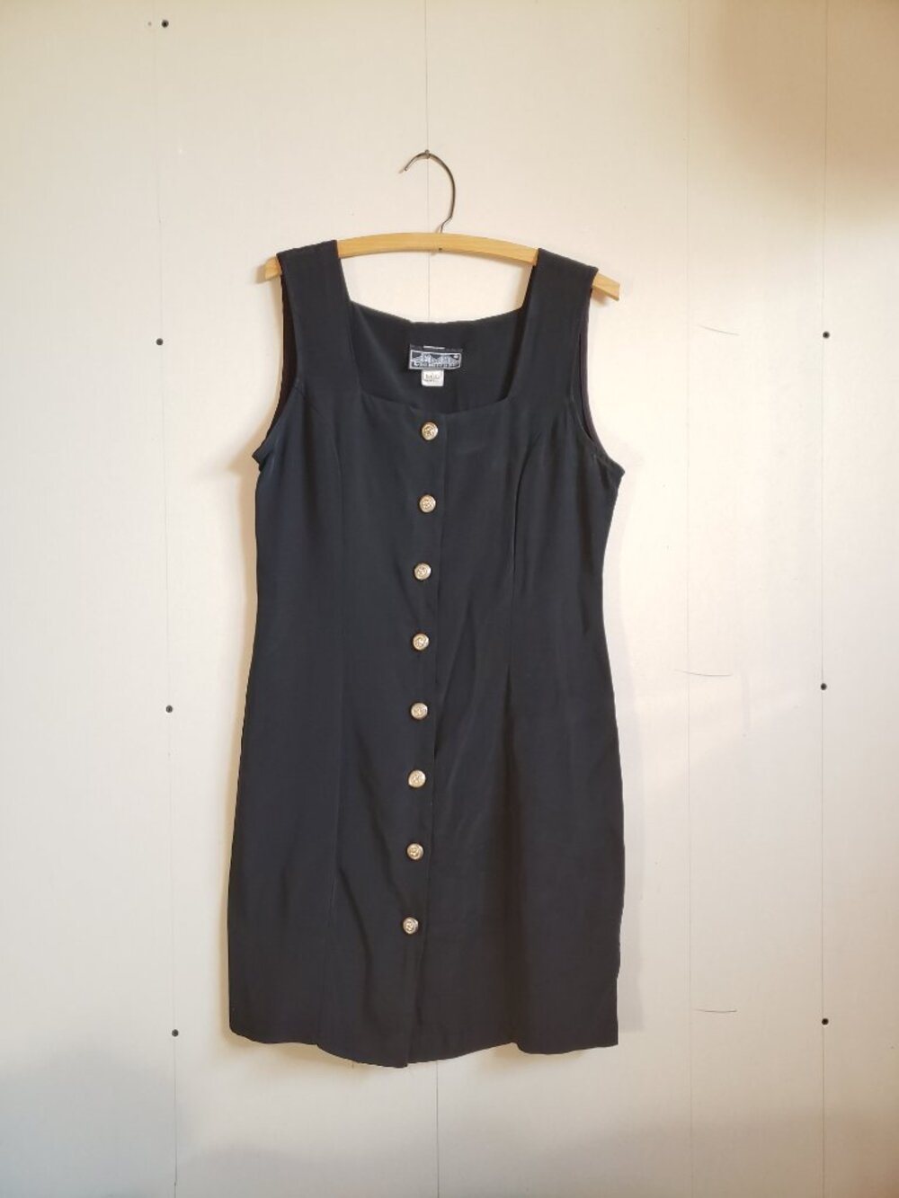 Vintage 90s Black Button Front Dress, Gold ornate buttons square neckline sz 11